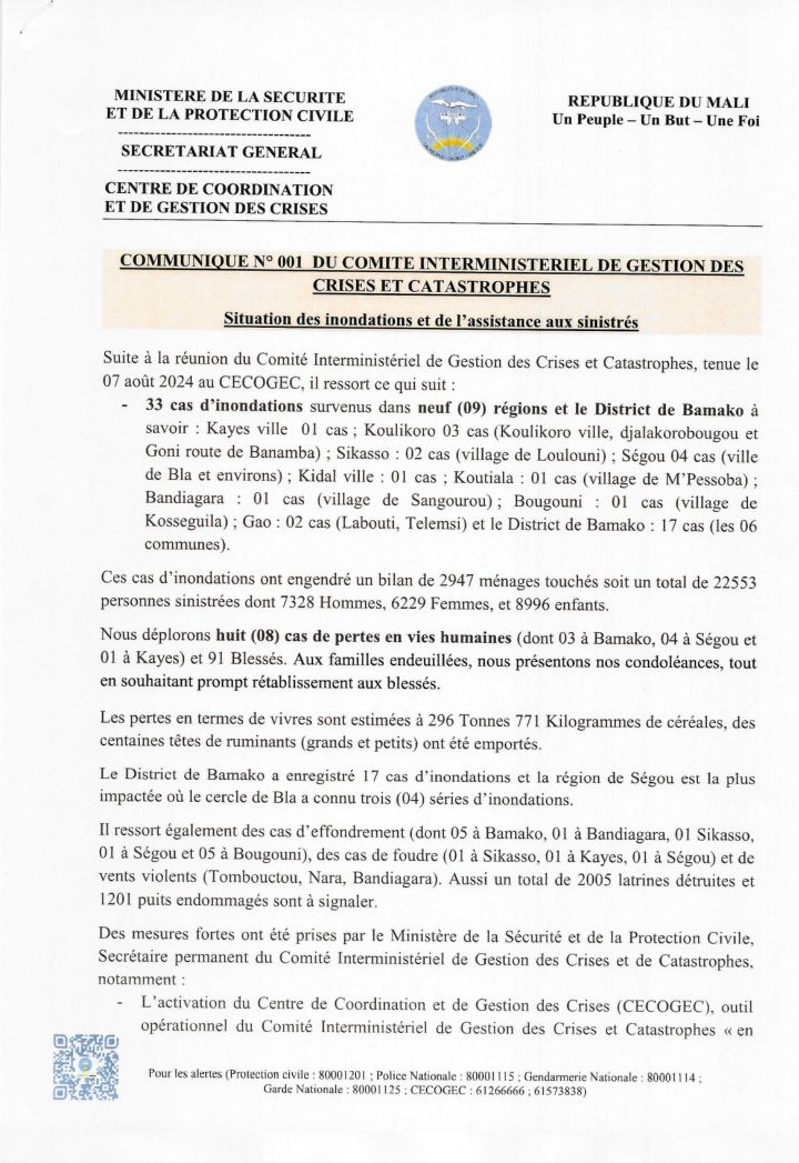 Communiqué N001 du Comité Interministériel de Gestion des Crises et Catastrophes